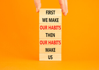 Our habits symbol. Concept words First we make our habits then our habits make us on wooden blocks....
