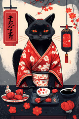 Black cat in a kimono.Ai generated