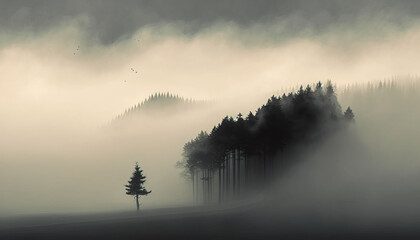 Natural background - A Serene and Minimalist View of a Foggy Forest Hill in the Spring - ai generated