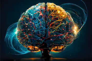 brain neuron neural communication and technology concept, brain in blue lights and electronic circuits, created with Generative AI technology