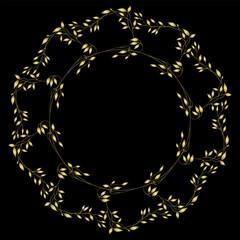 Round floral frame with leaf branches. Golden glossy silhouette on black background.