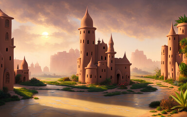 Obraz premium Wüstendorf mit Lehmhäuser