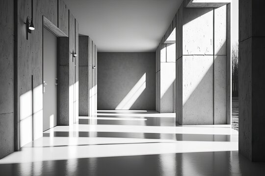 Modern concrete corridor interior with empty mock up place on wall, pillars and daylight. Generative AI