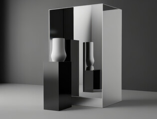 Reflection and depth creating a mysterious atmosphere. Podium, empty showcase for packaging product presentation, AI generation.
