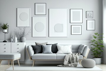 a mock up poster gallery wall with seven frames in a solid pastel ash gray room that is vacant and without any furnishings. Generative AI