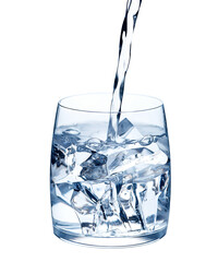 Water is poured into a glass with ice isolated on a white background