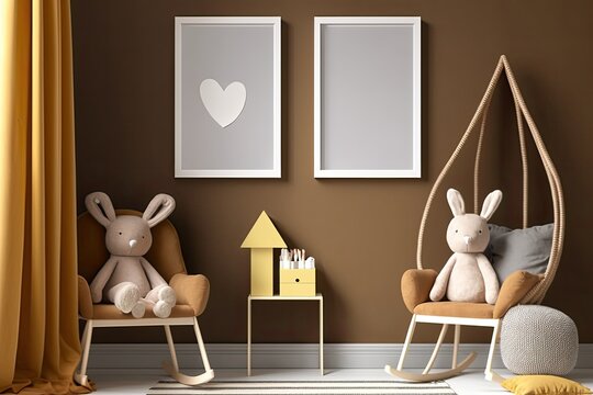 Two empty vertical picture frames on brown wall in modern child room. Mock up interior in scandinavian style. Free, copy space for your picture. Armchair, toys. Cozy room for kids. Generative AI