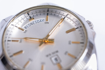 Luxury silver watch isolated on white background, wristwatch for men, close up