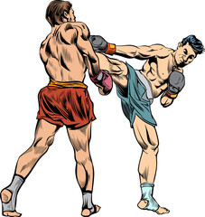 Muay Thai, Thai boxing, Kick boxing, martial arts.  Pop art retro comic illustration. transparent background.