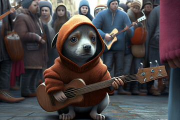 The dog in the hood plays on the city street among the crowd of people. AI Generated