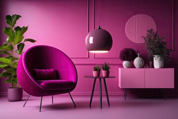 Scene of a monochromatic living room with a chair, lamp on the wall, and side planter. Viva magenta is a trend color for 2023's interior design, featuring a single hue in a flat style. Generative AI