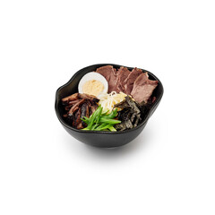 Ramen soup with beef black plate on White Background Isolate