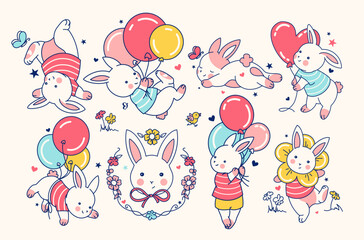 Set of fun cute cartoon baby bunnies. Doodle childish characters for stickers and prints. Isolated vector characters for Birthday, baby shower, Easter decoration.