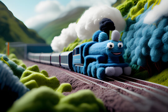 A wool train passes the middle of mountains and landscapes made of wool, generative AI