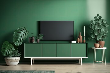 Green walls, a TV cabinet or mockup cabinet in the room. Generative AI