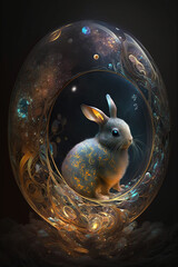 rabbit inside a galaxy egg and stars, Generative AI