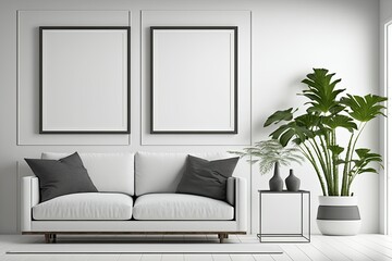 Interior of modern living room with sofa and blank frames. Generative AI
