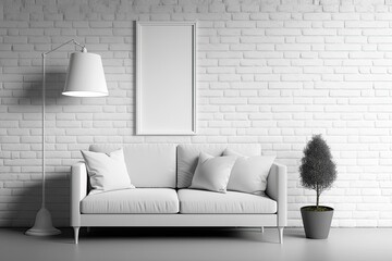 a living room with a sofa, an outdoor plant, and a floor lamp. For your art and print mockup, interior scene, and wallpaper mockup needs, use empty walls with a frame. alone against a brick wall