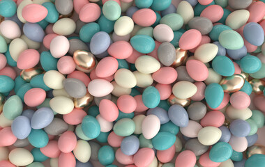 Colorful pastel and gold speckled easter eggs background. 3d render. Happy Easter eggs big hunt or sale banner