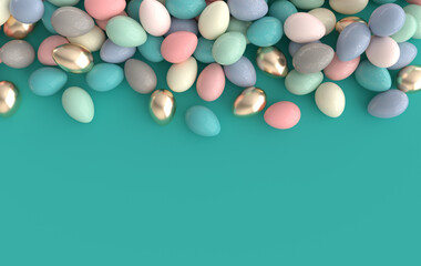 Colorful pastel and gold speckled easter eggs background. 3d render. Happy Easter eggs big hunt or sale banner