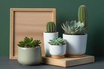 succulent plant with pots, wooden base and green background. Generative AI