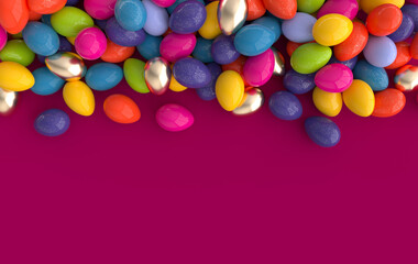 Colorful and gold speckled easter eggs background. 3d render. Happy Easter eggs big hunt or sale banner