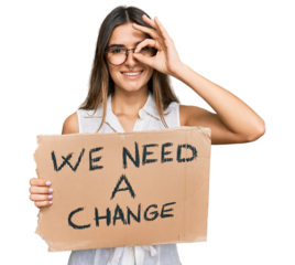 Young hispanic woman holding we need a change banner smiling happy doing ok sign with hand on eye looking through fingers