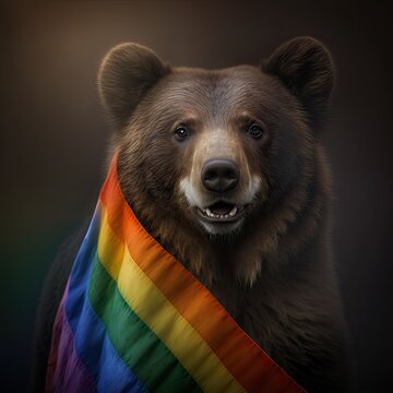 Illustration, a bear wearing the gay pride flag, Ai Generative.