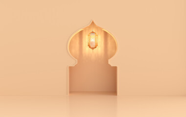 Beige lantern with candle, lamp with arabic decoration, window or door. Ramadan kareem or eid al fitr adha celebration. 3d rendering interior