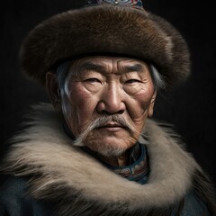 Portrait, mature man from Mongolia, wearing traditional clothing, Ai Generative.