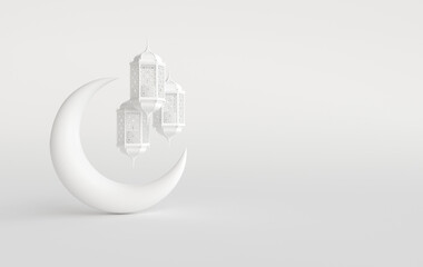 White lantern and crescent moon on white background for muslim holiday Ramadan Kareem. Traditional religious islamic symbol