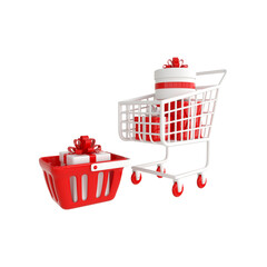 Shopping cart and basket with present box, shopping concept 3d rendering isolated on white background