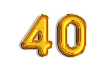 40 years old. Gold balloons, 40th anniversary number, happy birthday congratulations. Illustration of golden realistic 3d symbols. Banner, icons isolated on white background.