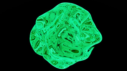 Black background. Design.Green blot in the animation that shimmers with a neon shadow and spins in different directions