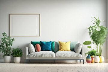 Modern Living Room with Parquet Floors, Cozy Colorful Sofa and Indoor Plants . Front view empty wall mockup can be used for art and prints or decorations, interior wall mockups. Generative AI