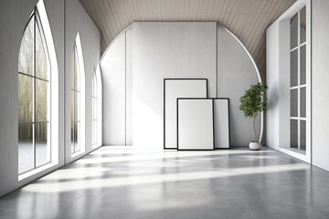 Vacant room with concrete flooring, white and wooden walls, and windows that resemble arches. A sizable vertical poster is present. a mockup. Generative AI
