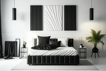 Black mattress on white tubes in bedroom interior with chaise lounge and square on the wall. Generative AI