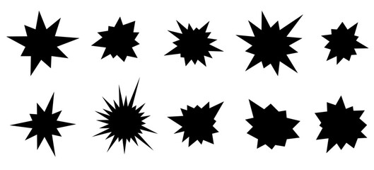 Set of ten vector black bursting star shapes.