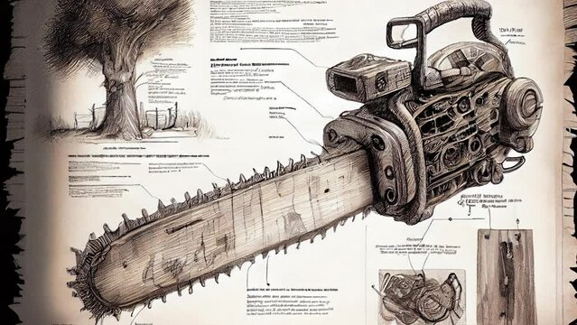 The chainsaw drawing on the old book page in the gallery AI generated