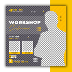 A poster for a workshop conference with a man in a suit and a tie.