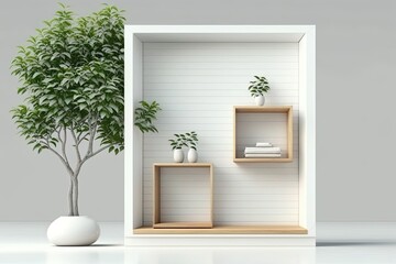 Shelves for display on white wall outdoor with small tree mock up. . Illustration. Generative AI
