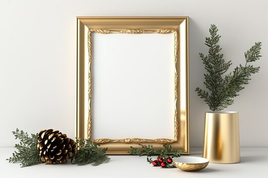 Mockup of a golden frame with gift boxes and winter flora in a gold vase. Product design styled photo for a Christmas poster. Mockup of an empty frame with a fir tree and berries in front of a white c