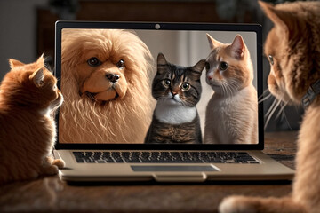 Cat and dog using computer, generative ai