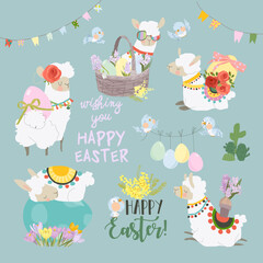 Cute Cartoon Easter Set with Cute Alpacas and Easter Eggs