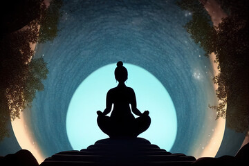 Silhouette of pregnant woman meditating in zen garden, Generative AI 