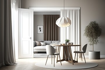 Architectural designer concept with a white folding door opening into a beige toned, modern, basic living room with a dining area, window with curtains, parquet floor. Generative AI