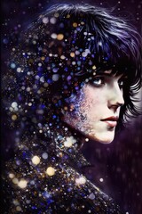 AI generated. Portrait of a woman with abstract glitter ink splatter. Beautiful gothic fashion. 