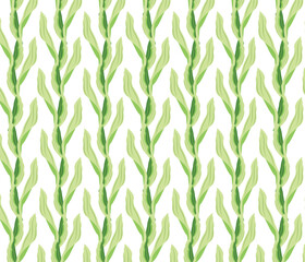 Green leaves vector repeat pattern on white background.