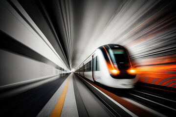 Obraz na płótnie Canvas Fast moving train blurred in the tunnel. generative ai.