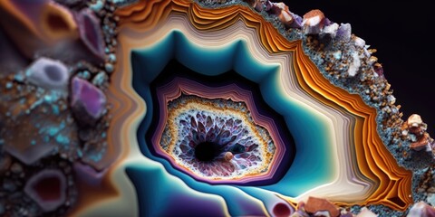 Colorful crystal geode closeup. Rock geology shiny background wallpaper. - obrazy, fototapety, plakaty